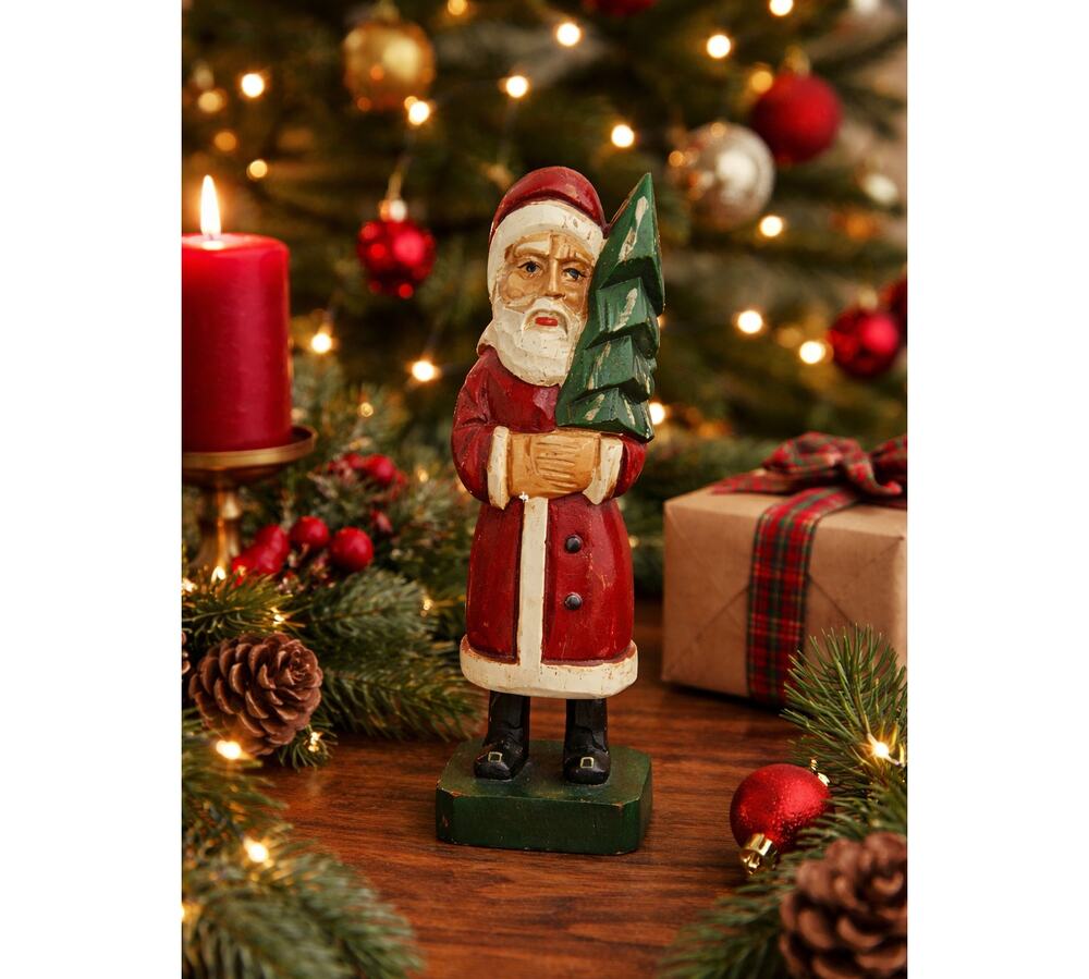 Vintage Carved Wood Santa Holding a Tree 10" High Christmas
